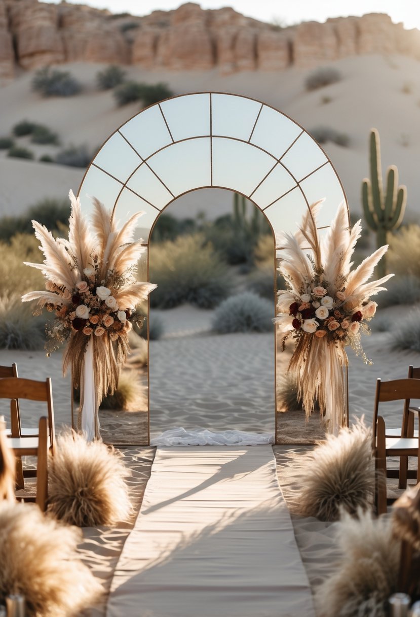A desert wedding ceremony setup with a large mirrored arch backdrop surrounded by desert plants and floral decorations under warm sunlight.