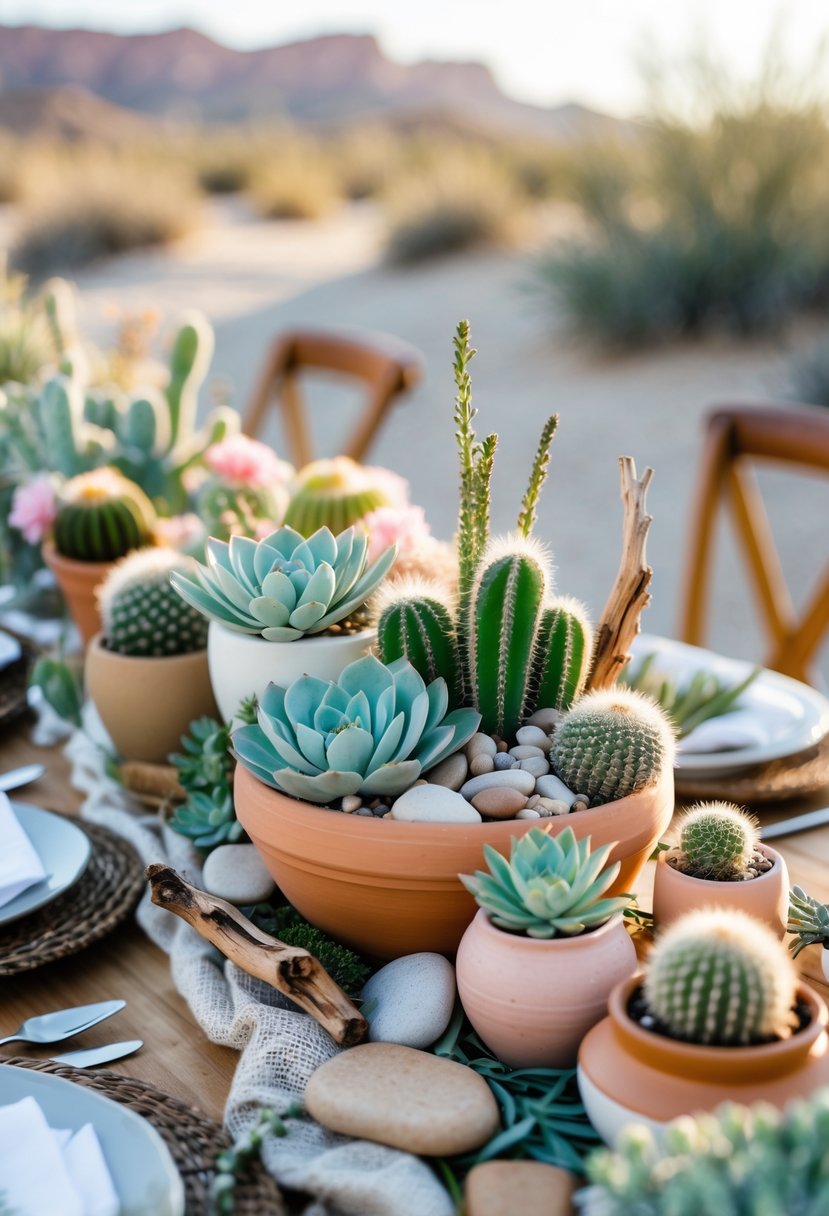 Table with multiple succulent and cactus centerpieces arranged outdoors in a desert setting.