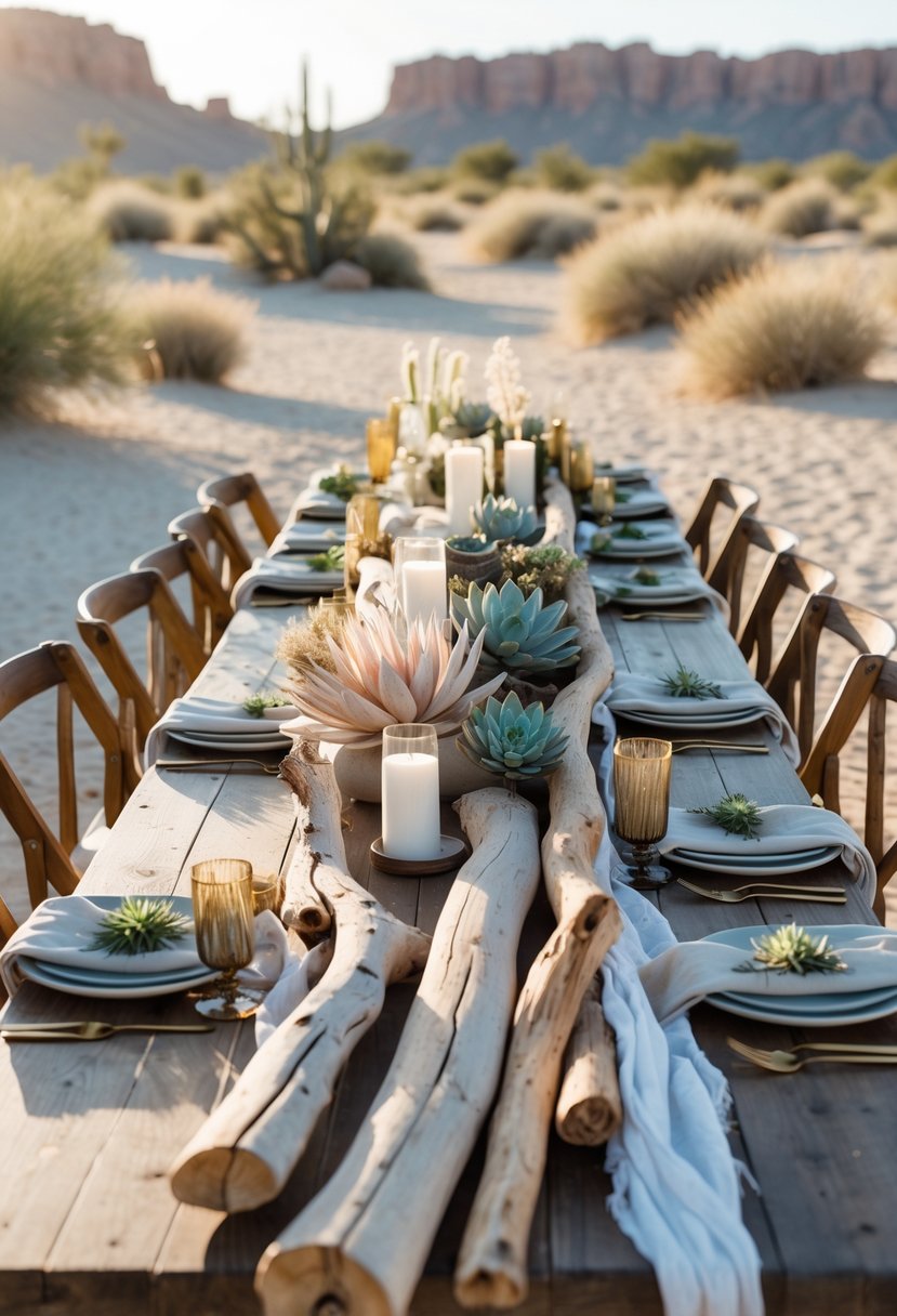A long wooden table outdoors in a desert setting decorated with driftwood runners, candles, succulents, and desert flowers.