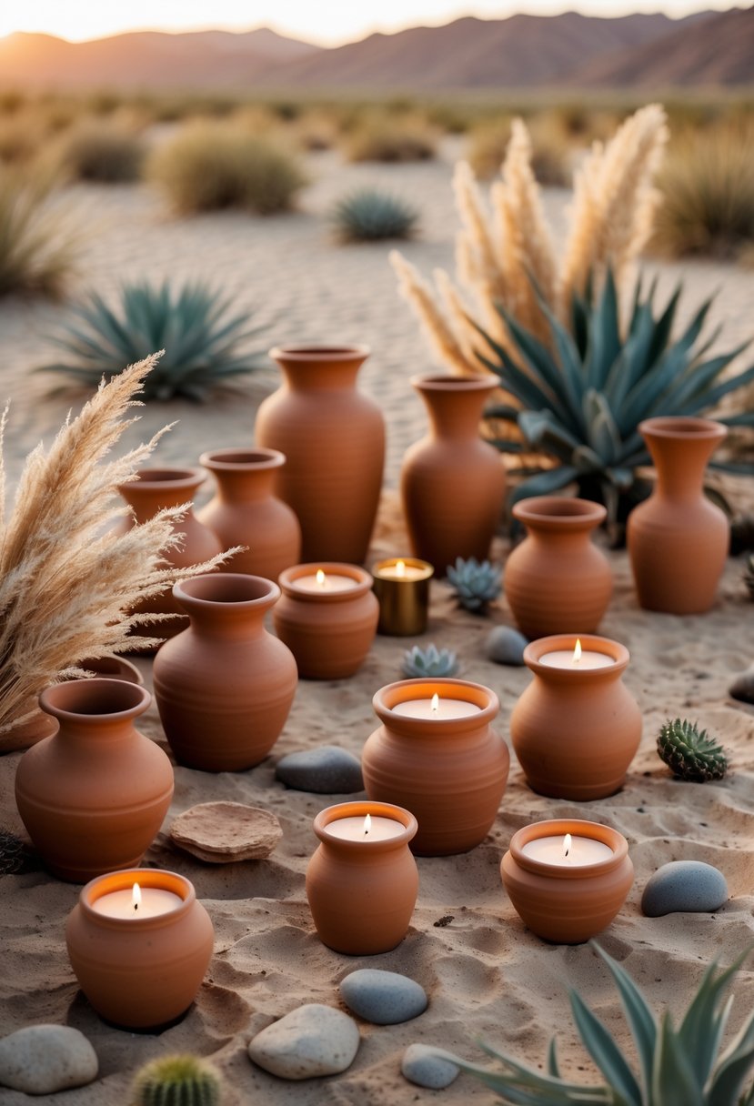 A group of terracotta pots holding lit candles arranged outdoors with desert plants and stones around them.