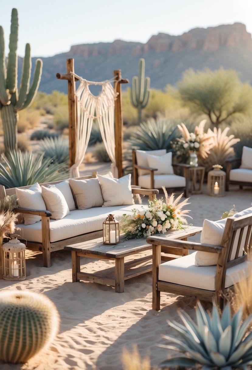 Wooden lounge furniture arranged outdoors in a desert setting with plants and wedding decorations.