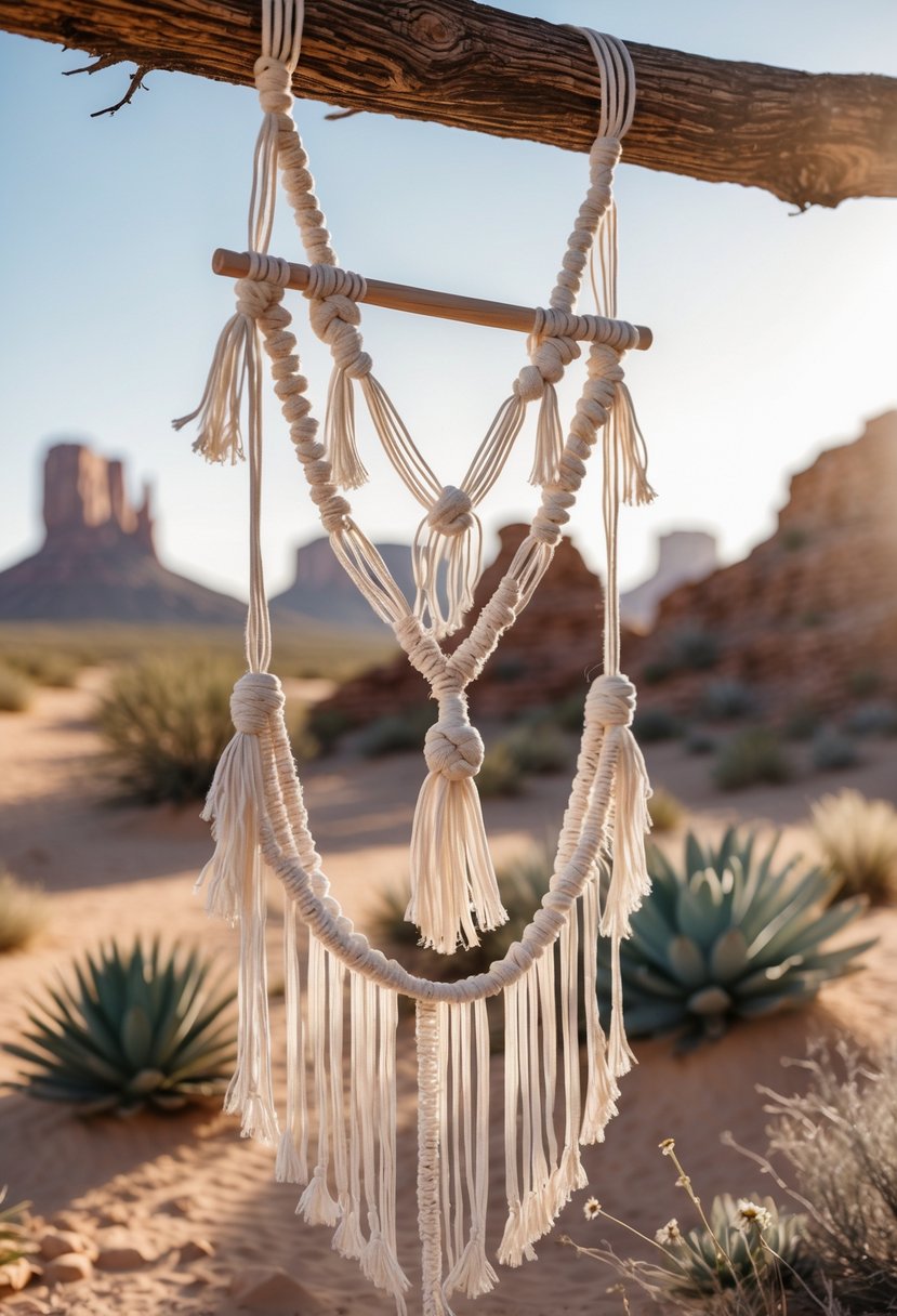 A handcrafted macramé hanging decoration displayed outdoors with desert landscape in the background.