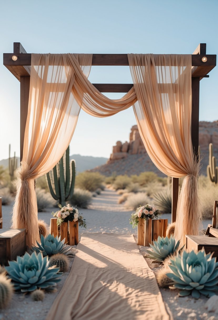 A desert wedding setup with sand-colored drapery hanging from wooden frames surrounded by desert plants and rustic decorations under a clear sky.