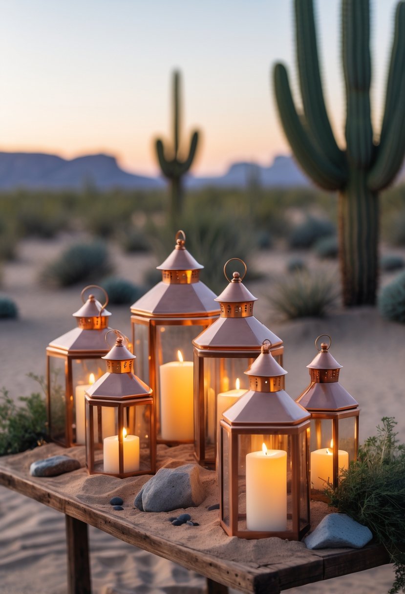Copper lanterns with flickering LED candles arranged on a table in a desert setting with natural plants and rocks.