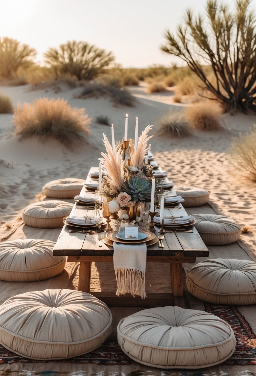 An outdoor desert dining area with low seating cushions around a wooden table decorated with flowers and candles on sandy ground.