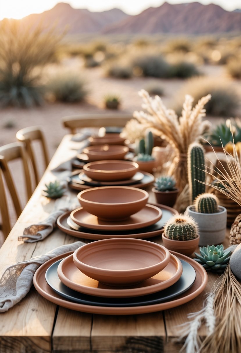 A desert wedding table set with earth-toned clay plates and bowls, decorated with dried grasses and succulents on a wooden surface.