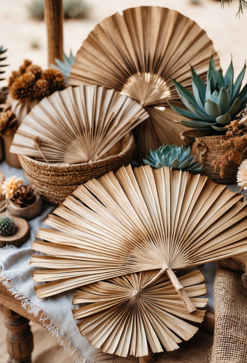 An arrangement of dried palm leaf fans displayed on a rustic table with desert plants and natural decor elements in the background.