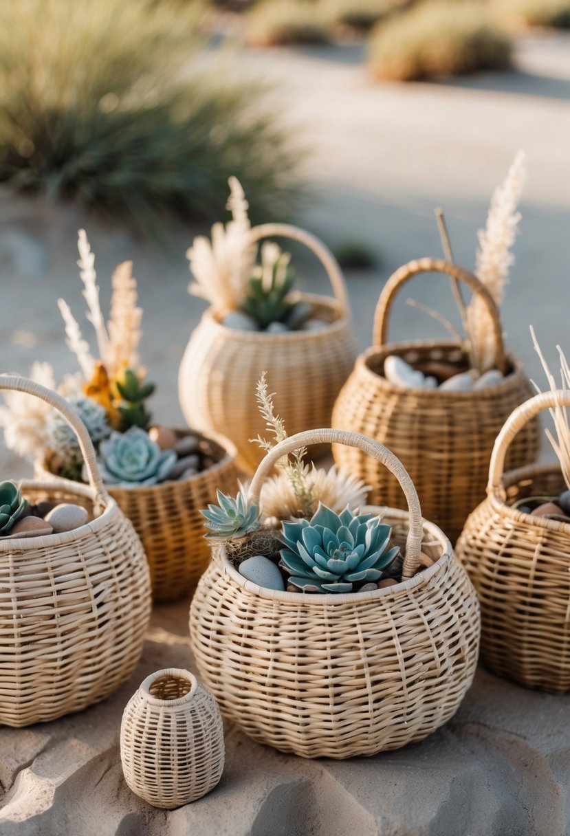 A group of handwoven wicker baskets filled with dried flowers and succulents arranged on a sandy surface with desert plants in the background.