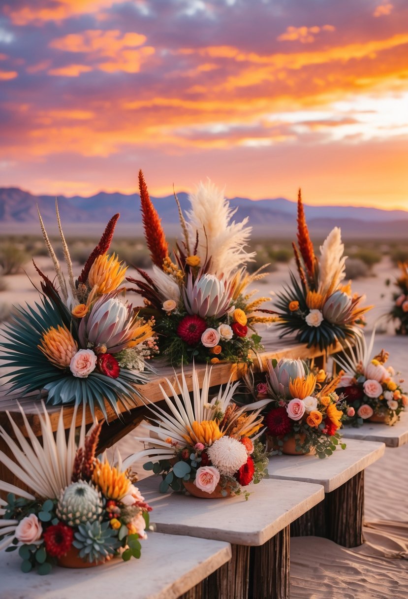 A variety of colorful desert floral arrangements displayed outdoors with a desert landscape and sunset sky in the background.