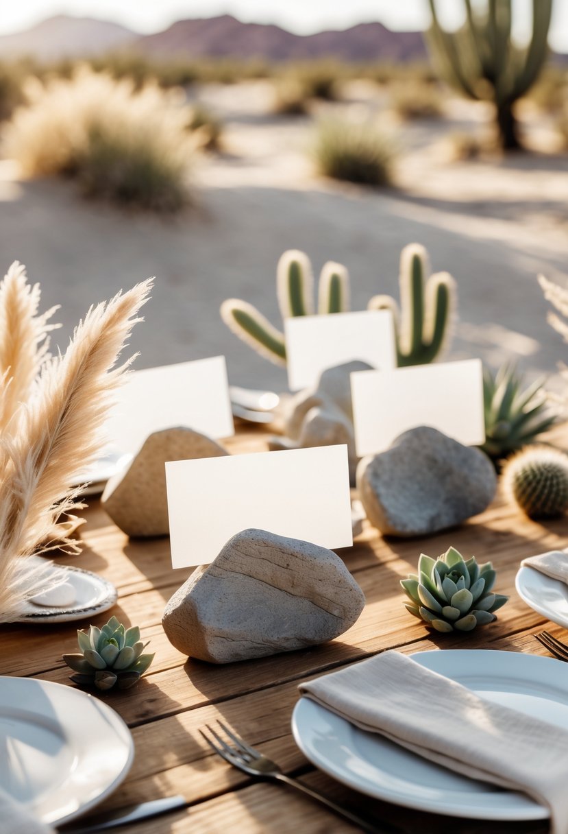 A collection of smooth stone place card holders on a wooden table surrounded by desert plants and dried grasses.
