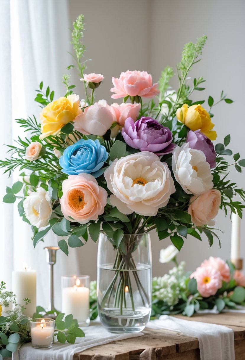 A colorful silk flower centerpiece in a glass vase on a wooden table with candles and wedding decor around it.
