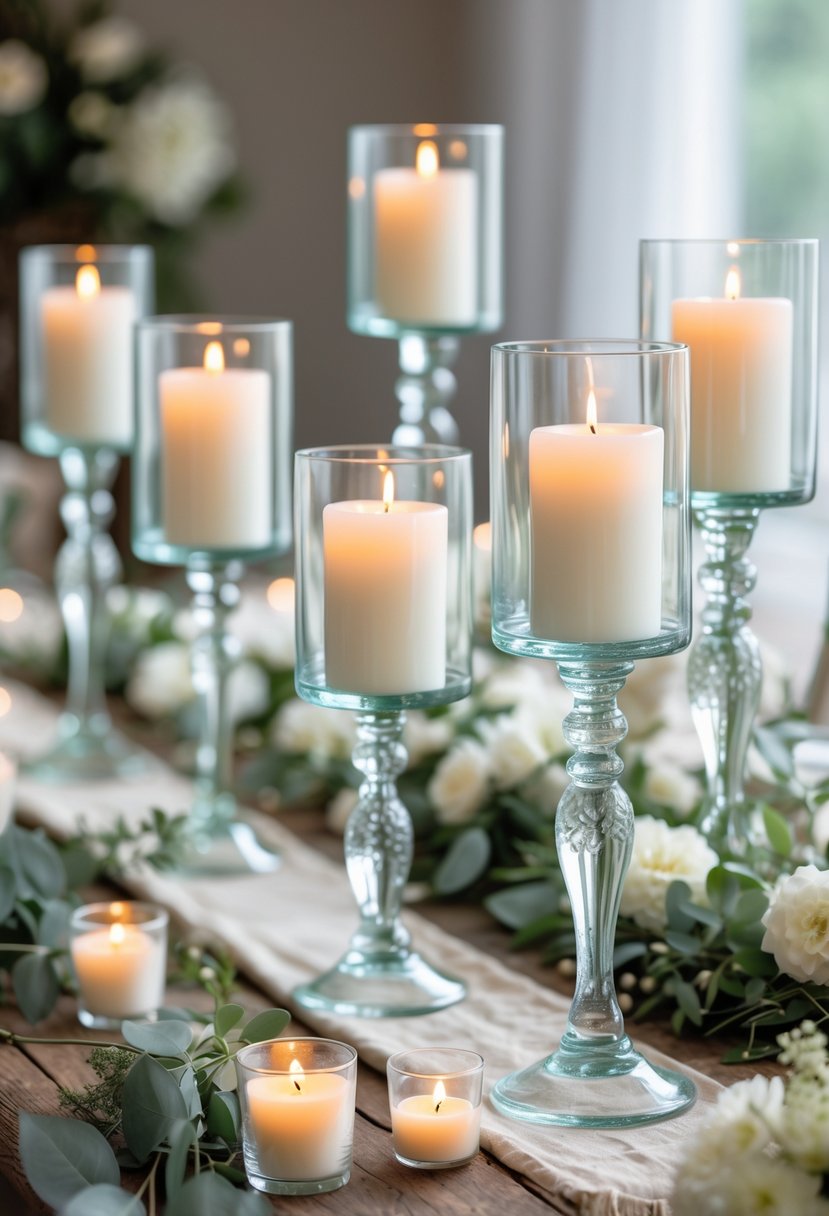 Glass pillar candle holders with lit white candles arranged on a wooden table decorated with greenery and white flowers.