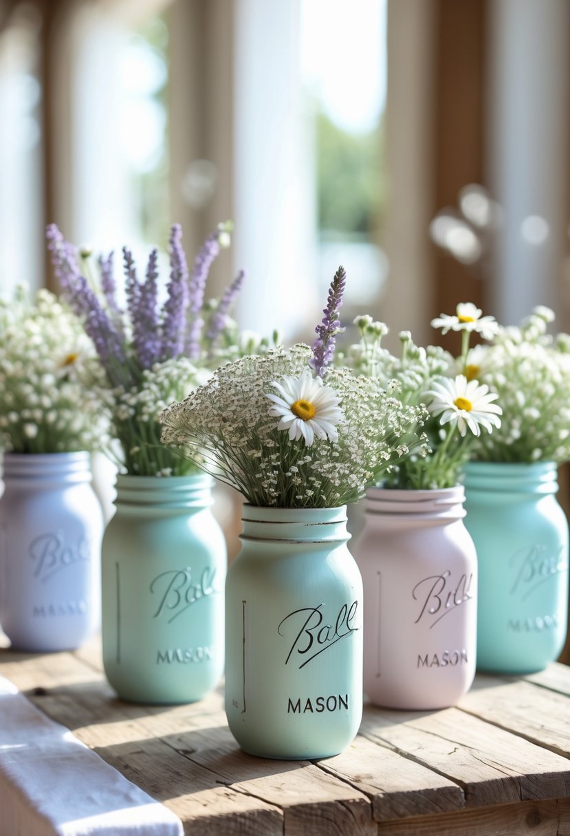 Painted mason jars filled with flowers arranged on a wooden table as wedding decor.