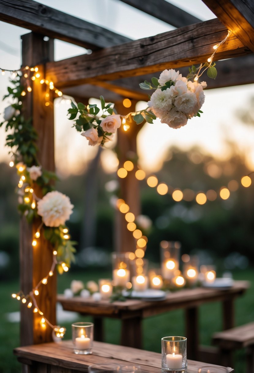 A romantic wedding scene with warm fairy lights draped around wooden beams, surrounded by flowers and greenery, with candles on a table in an outdoor garden setting.