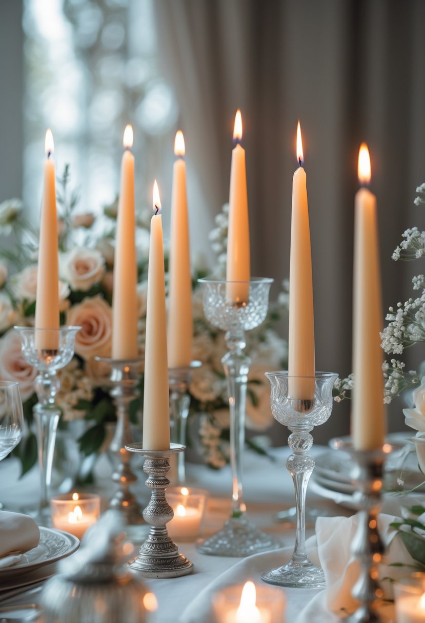 A group of lit taper candles in elegant holders arranged with wedding decor elements.