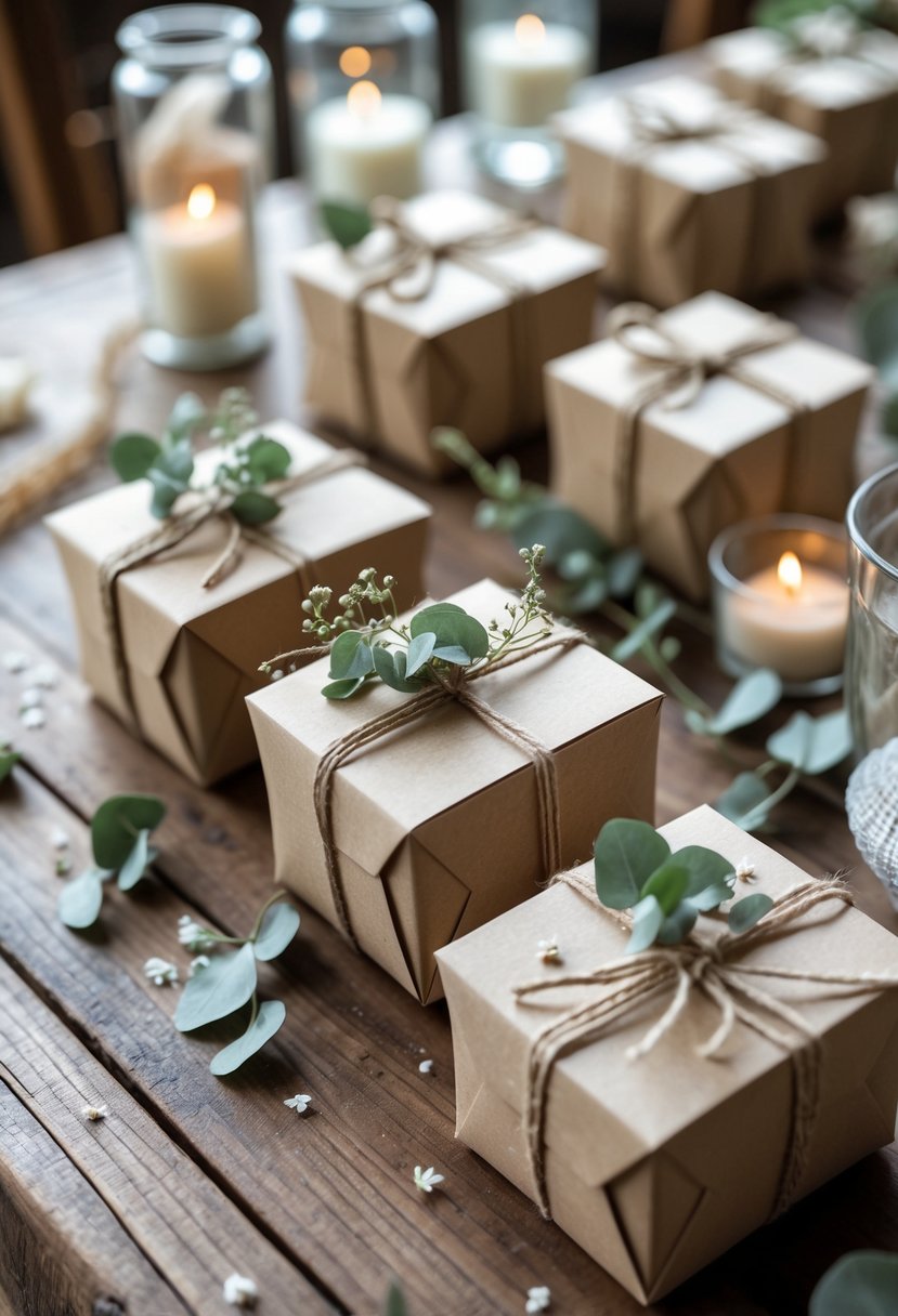 DIY wedding favor boxes made from craft paper tied with twine and decorated with small greenery, arranged on a wooden table with simple wedding decor in the background.