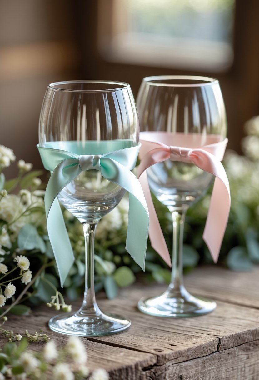 Two wine glasses wrapped with pastel ribbons on a wooden table decorated with greenery and small white flowers.