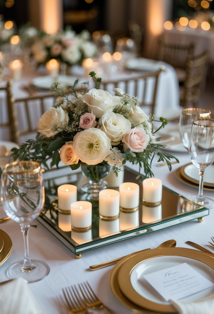 Wedding table decorated with mirrored trays, candles, and floral arrangements.