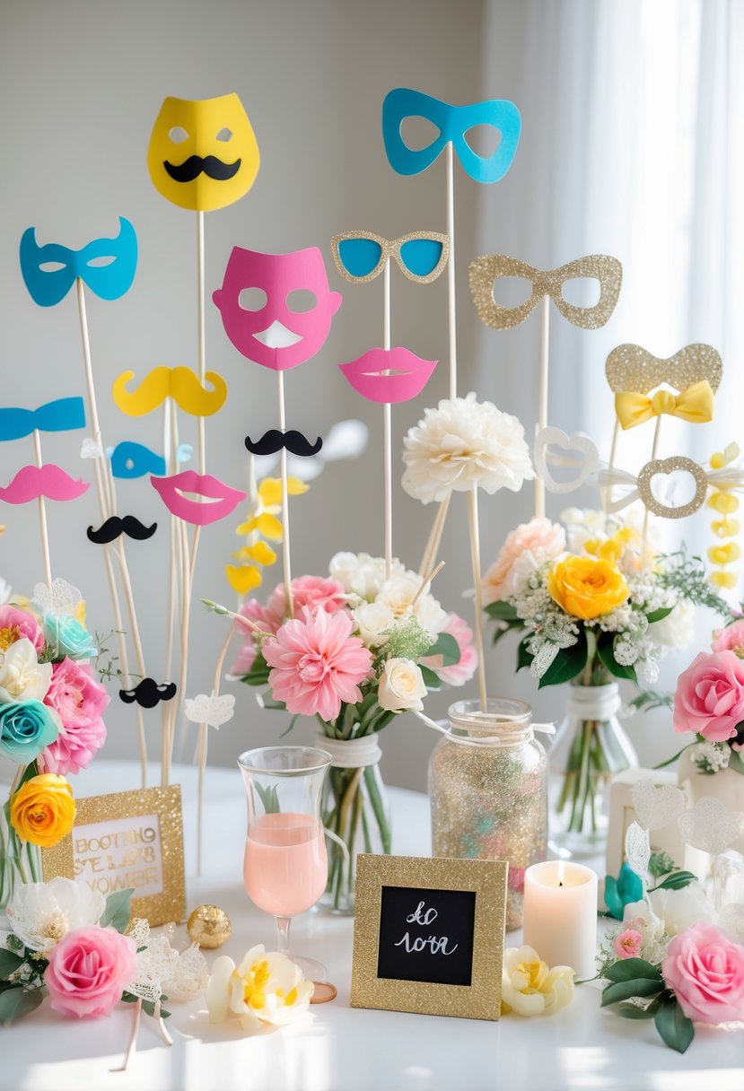 A variety of handmade photo booth props and wedding decorations arranged on a table, including masks, flowers, and centerpieces.