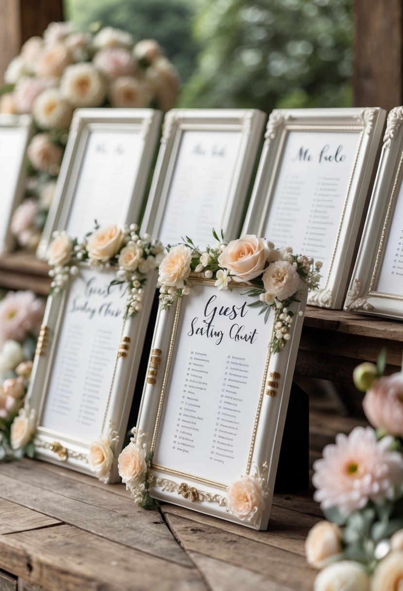 Decorated picture frames displaying guest seating charts arranged on a wooden table with floral decorations in the background.