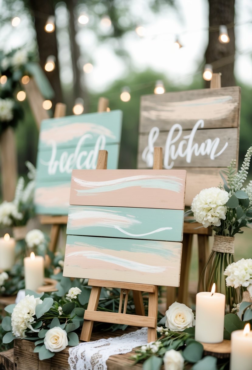 A rustic wedding scene with hand-painted wooden signs surrounded by flowers, greenery, and candles.