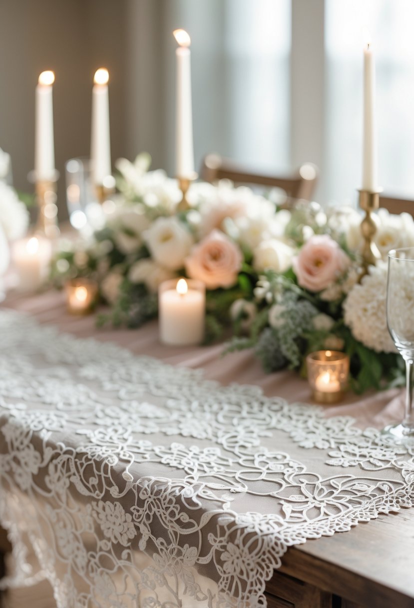 A wedding table with lace table runners, floral centerpieces, and candles arranged for a celebration.