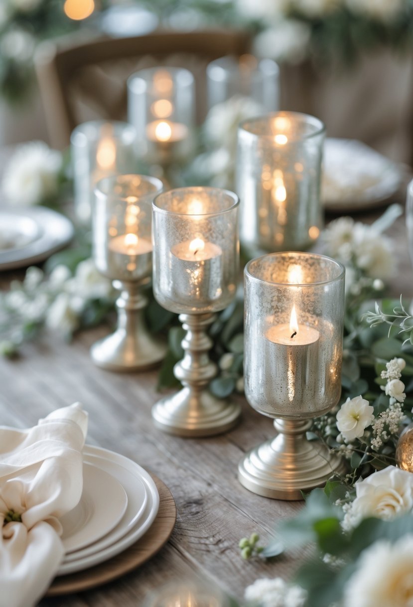 A group of mercury glass candle holders arranged on a table with greenery and flowers as wedding decorations.