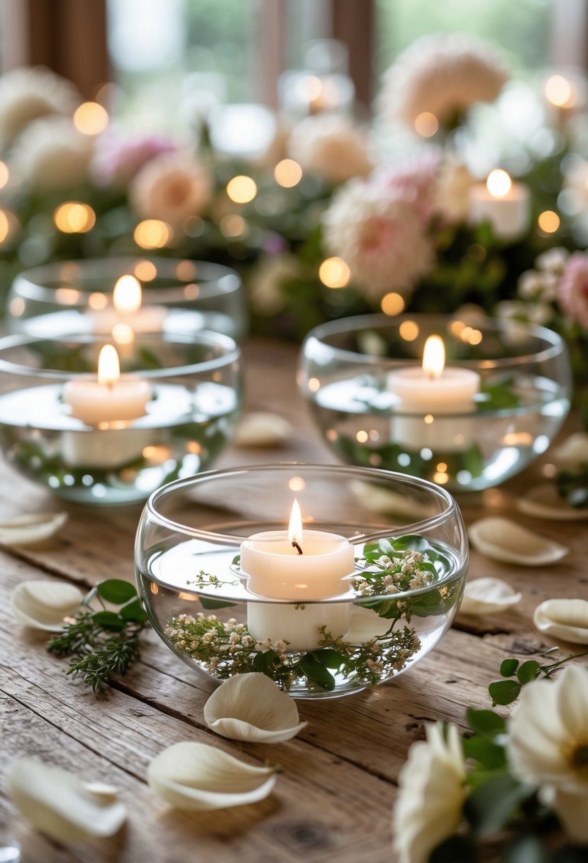 A table with clear glass bowls filled with water and floating white candles surrounded by flower petals and greenery.