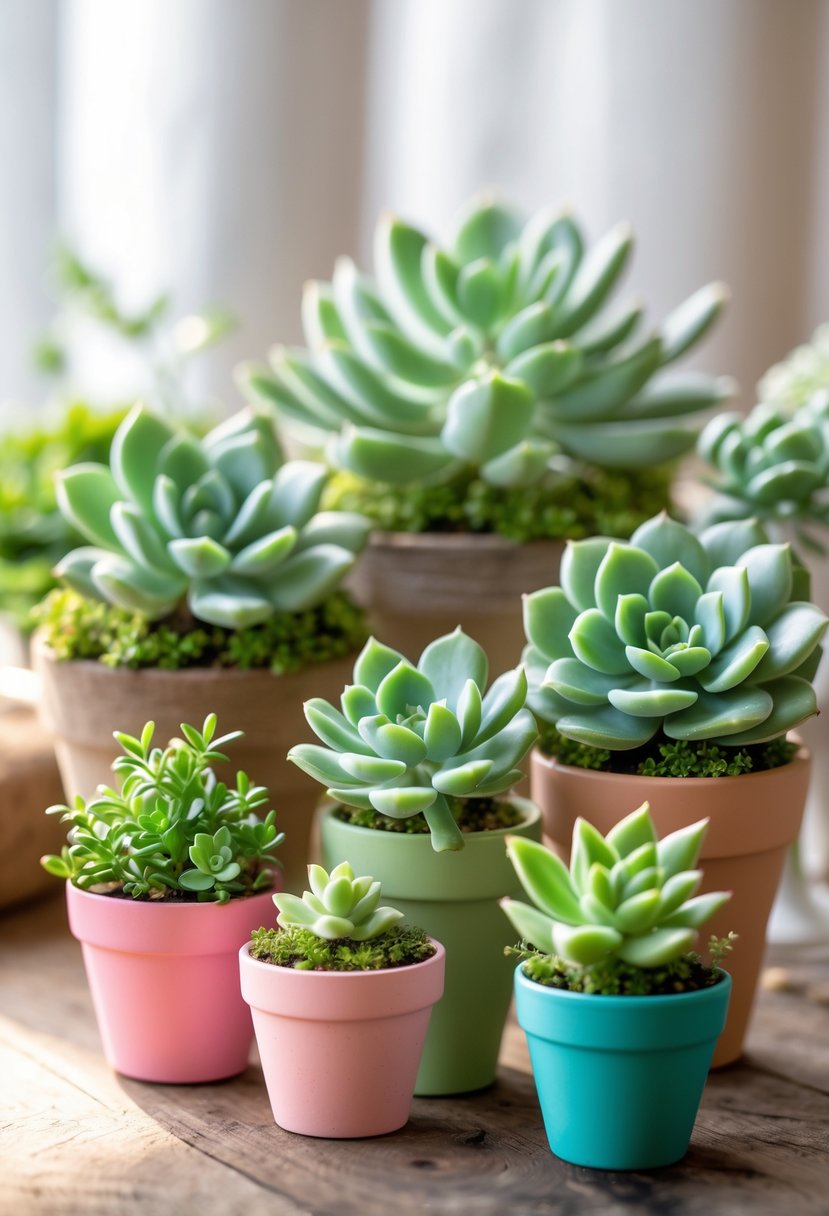 Mini faux succulents in small colorful pots arranged on a wooden table as wedding decor.