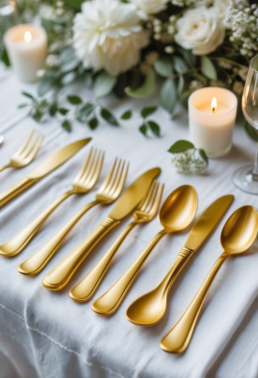Close-up of gold spray-painted plastic cutlery arranged on a white tablecloth with wedding decorations in the background.