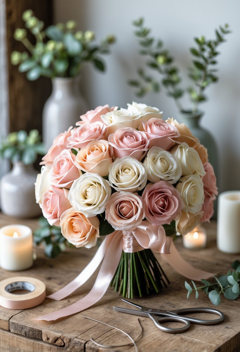 A silk rose wedding bouquet on a wooden table surrounded by crafting supplies and simple wedding decorations.