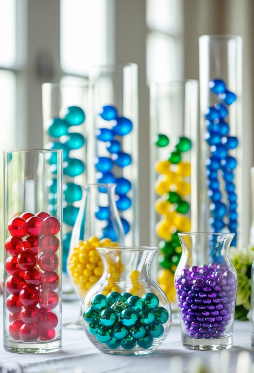 Clear glass vases filled with colorful beads arranged on a table as wedding decorations.