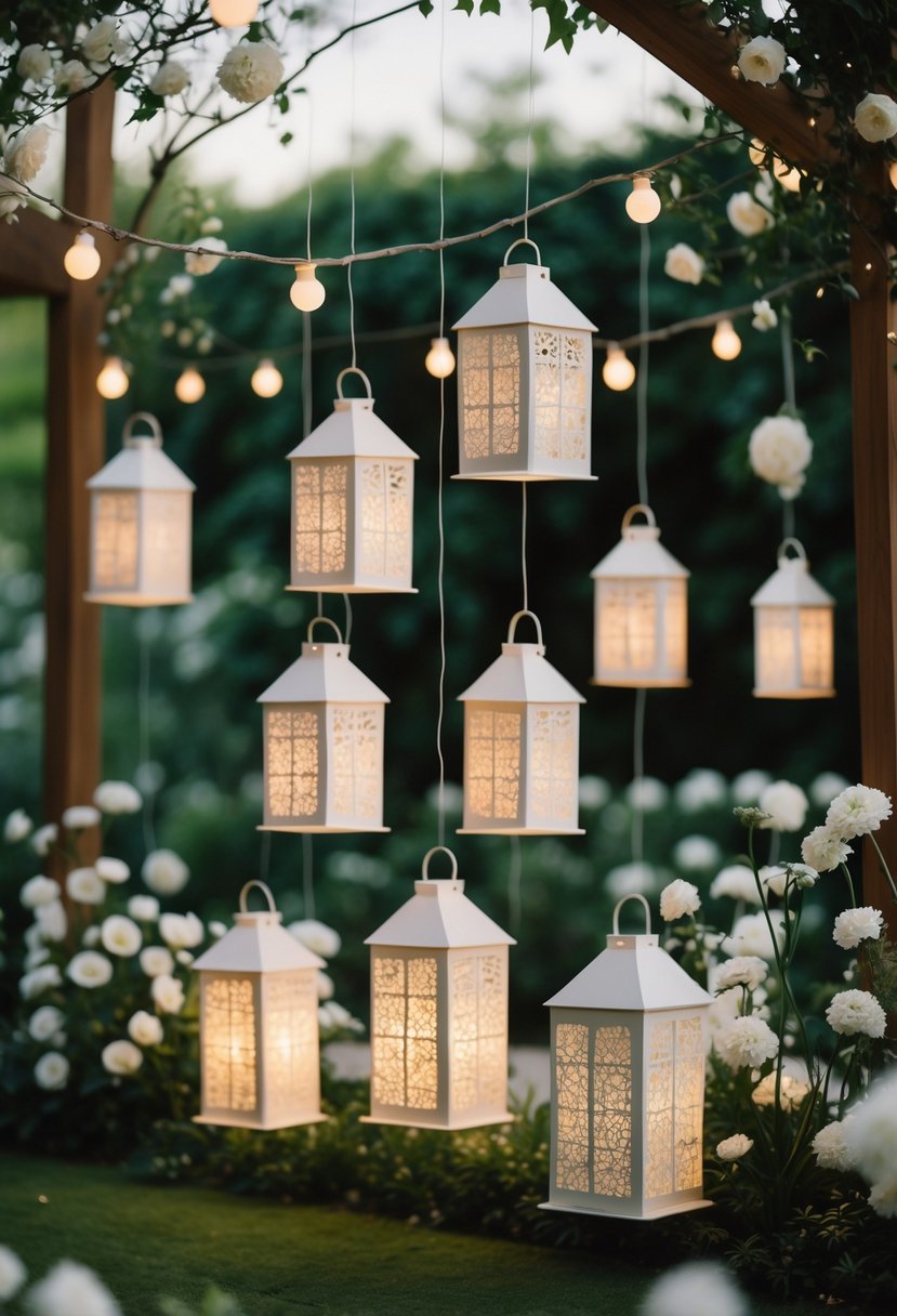 Hanging illuminated lanterns arranged outdoors as wedding decorations with greenery and flowers in the background.