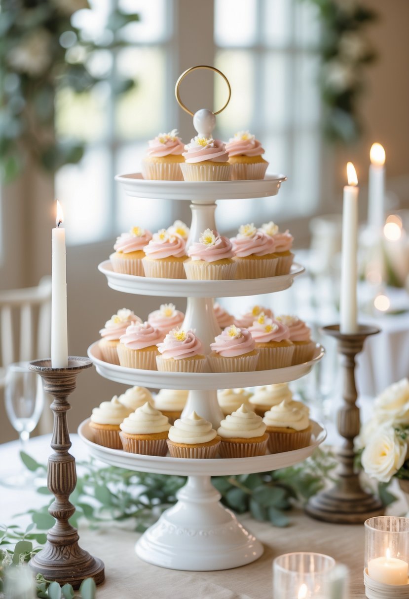 Tiered cupcake stands made from plates and candlesticks displaying decorated cupcakes on a wedding table.