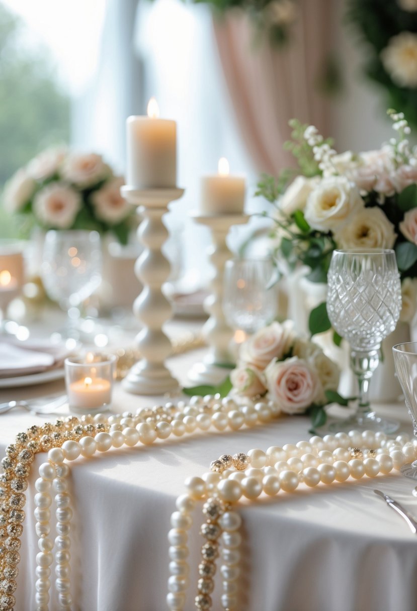 A close-up of a wedding table decorated with beaded garlands draped around candles and flowers.
