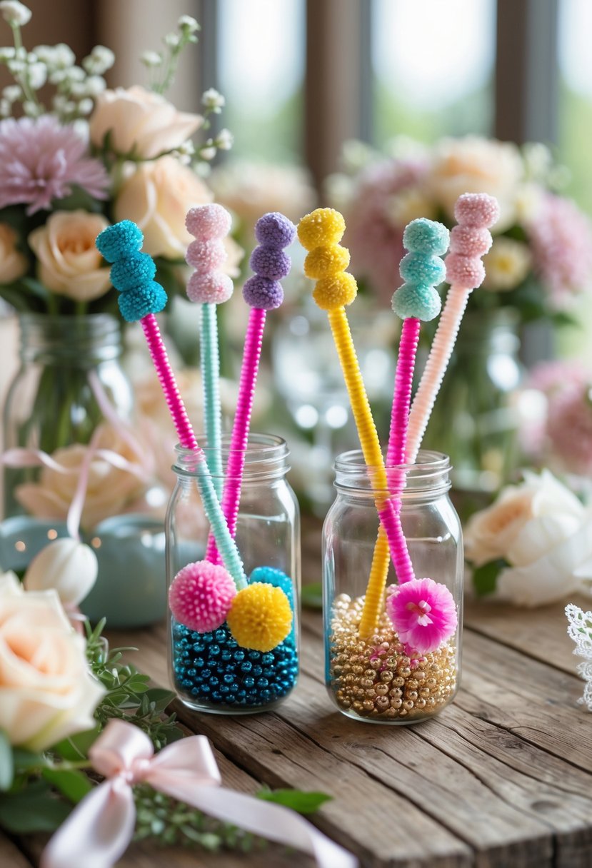 Personalized drink stirrers made from craft supplies arranged in glass jars on a wooden table with wedding decorations around them.