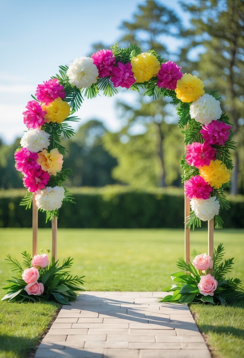 A wedding arch frame decorated with colorful artificial flowers outdoors in a garden setting.