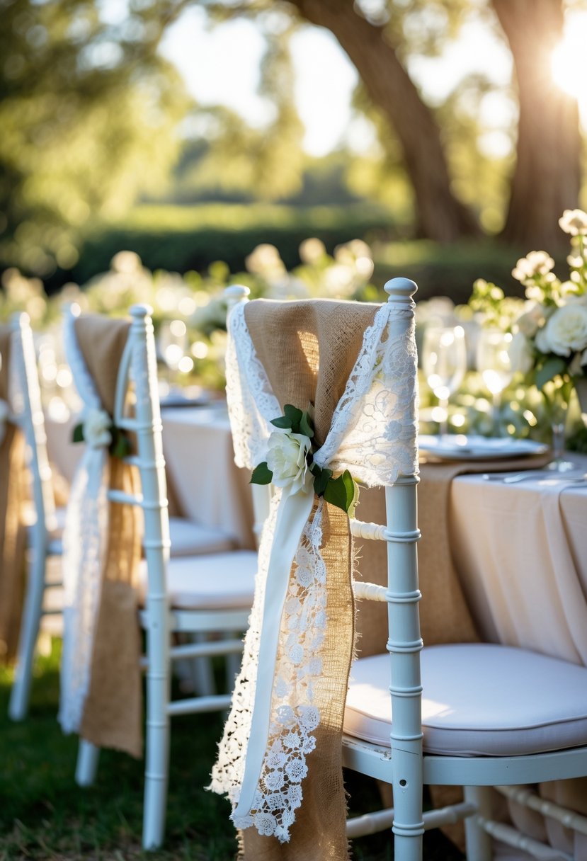 White wooden chairs decorated with burlap and lace sashes at an outdoor wedding reception with floral centerpieces and greenery.