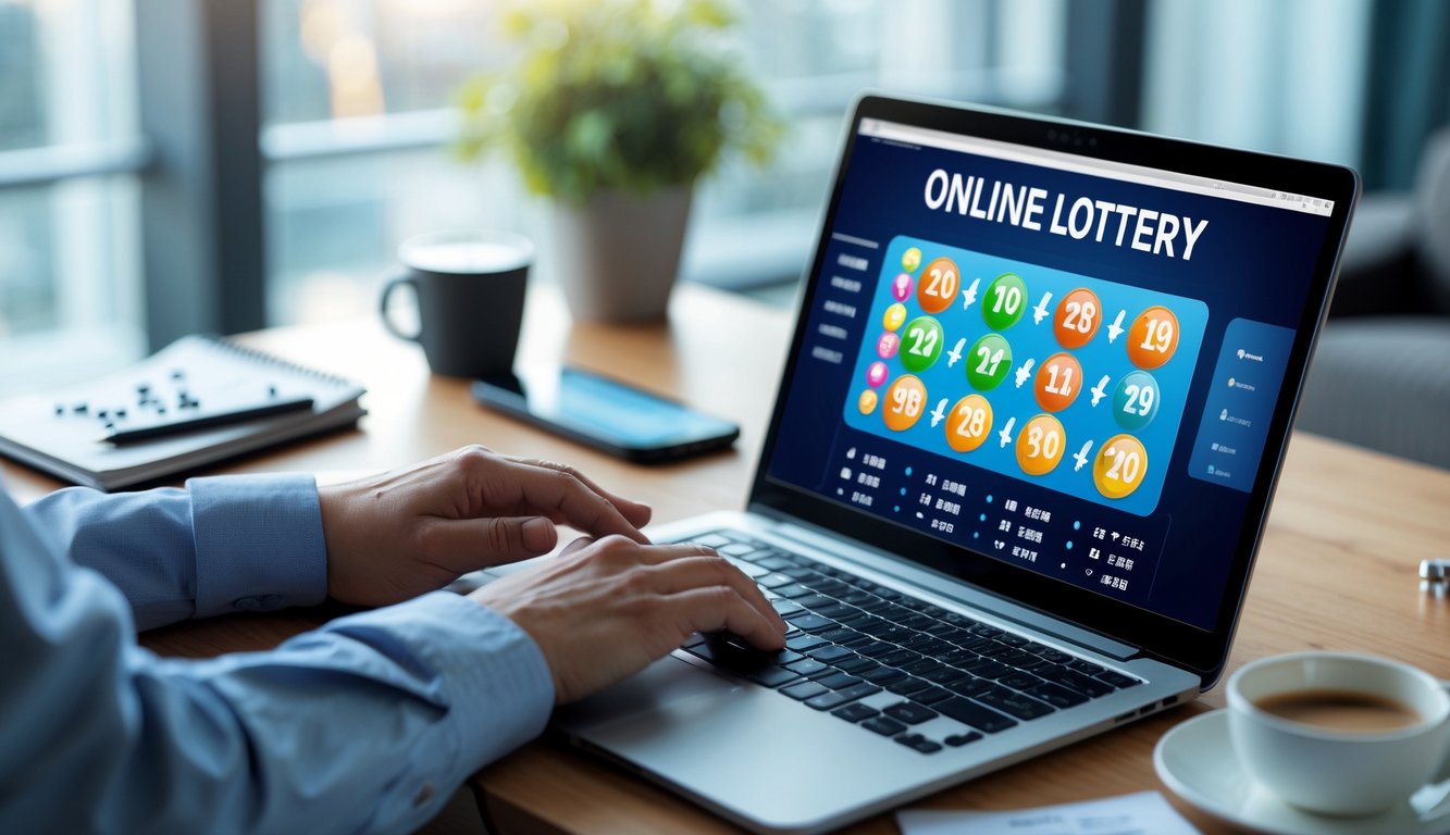 Meja kerja dengan laptop yang menampilkan situs togel online, tangan seseorang sedang menggunakan laptop, di sekitar terdapat ponsel, buku catatan, dan cangkir kopi.