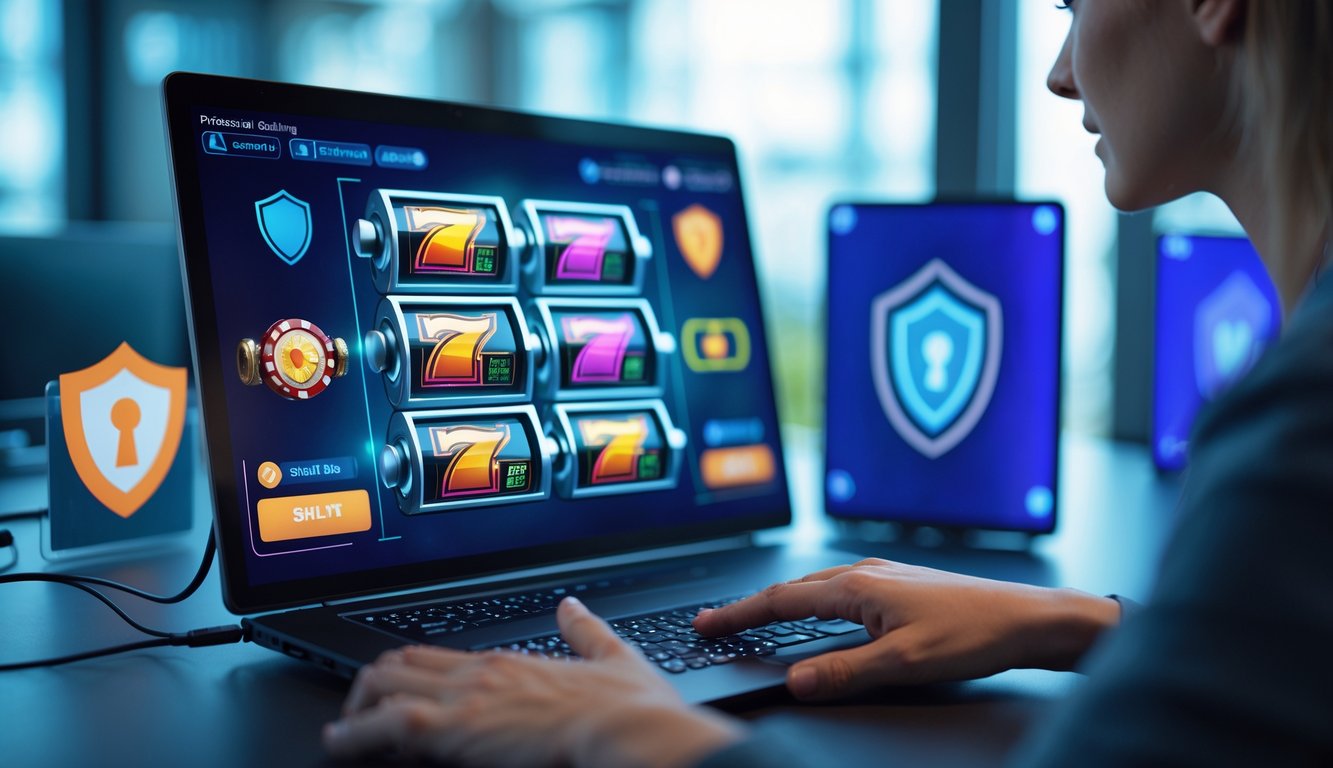 Seseorang bermain permainan slot online di komputer dengan latar belakang simbol keamanan digital.