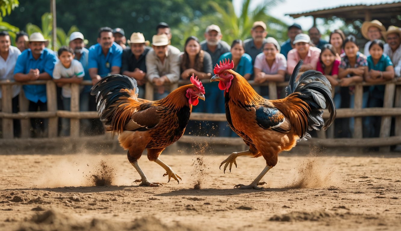 Dua ayam jago sedang bertarung di arena terbuka dengan sekelompok orang yang antusias menyaksikan di sekitarnya.