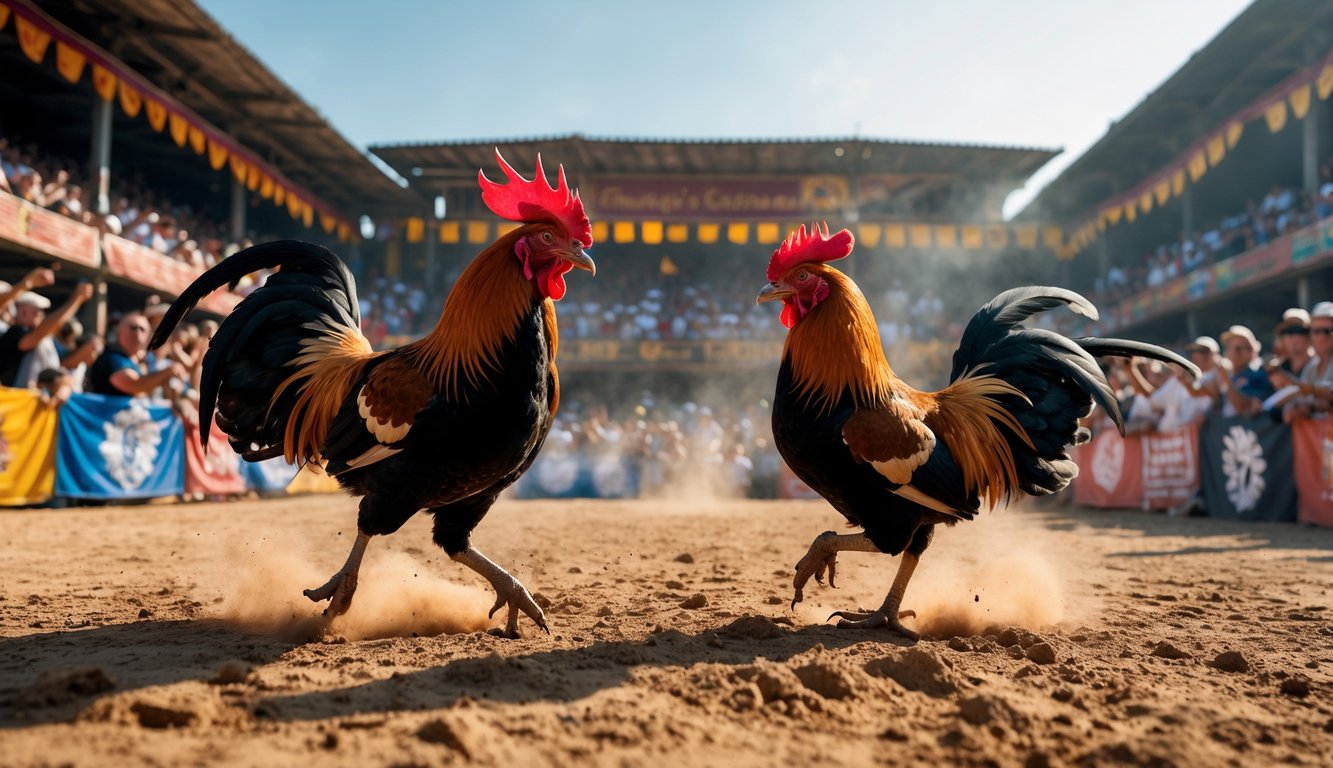 Dua ayam jago sedang bertarung di arena terbuka dengan penonton ramai di sekitar, menunjukkan suasana turnamen sabung ayam internasional.