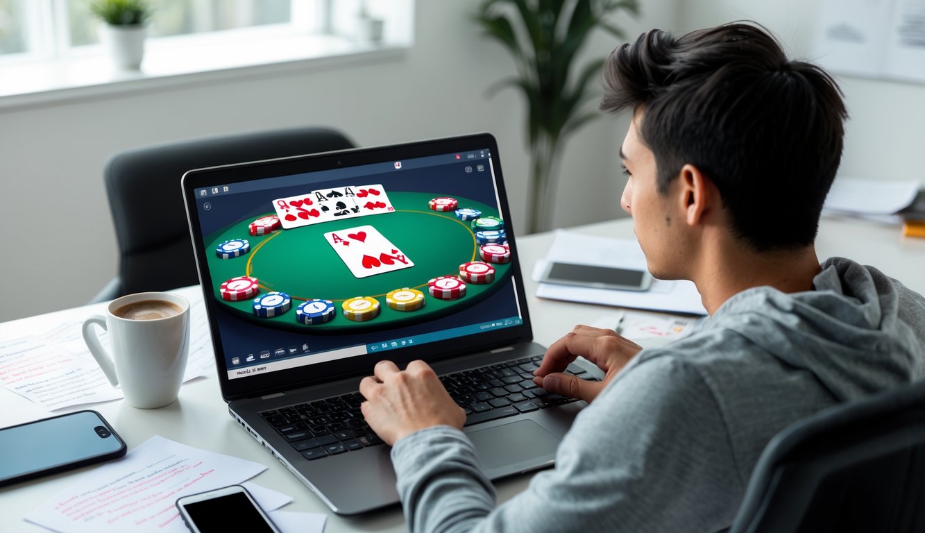 Seorang pemuda duduk di meja dengan laptop yang menampilkan permainan poker online, dikelilingi oleh catatan dan cangkir kopi.