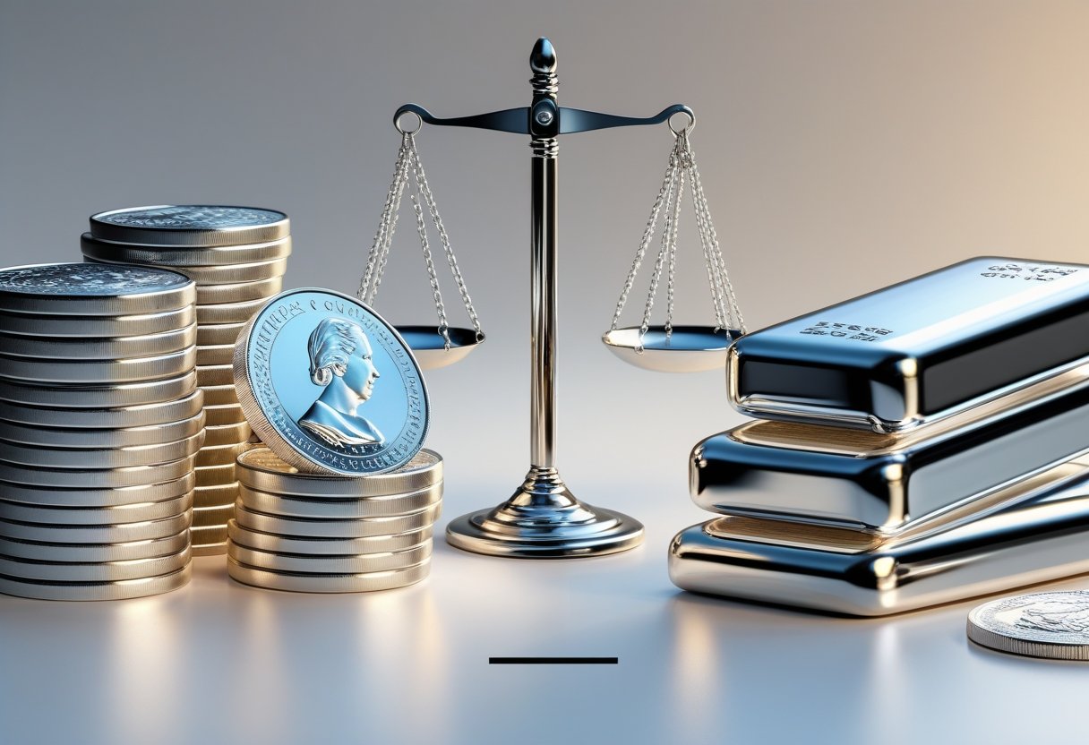 A balanced scale between stacks of silver coins and silver bars, illustrating the comparison of their investment advantages and disadvantages.