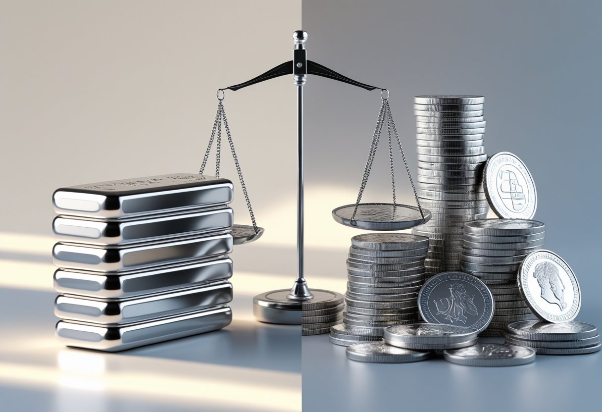 A detailed comparison scene showing silver bars stacked on one side and silver coins arranged on the other, with a balanced scale between them representing their advantages and disadvantages.