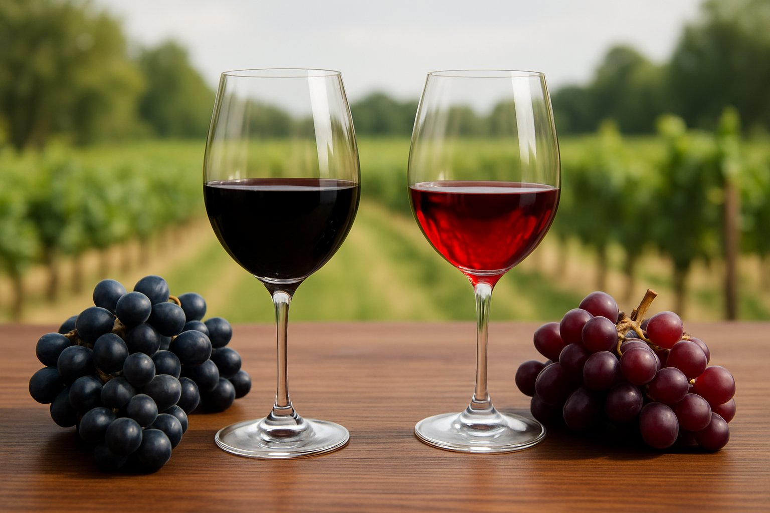 Two glasses of red wine on a wooden table with clusters of dark grapes beside each, set against a blurred vineyard background.