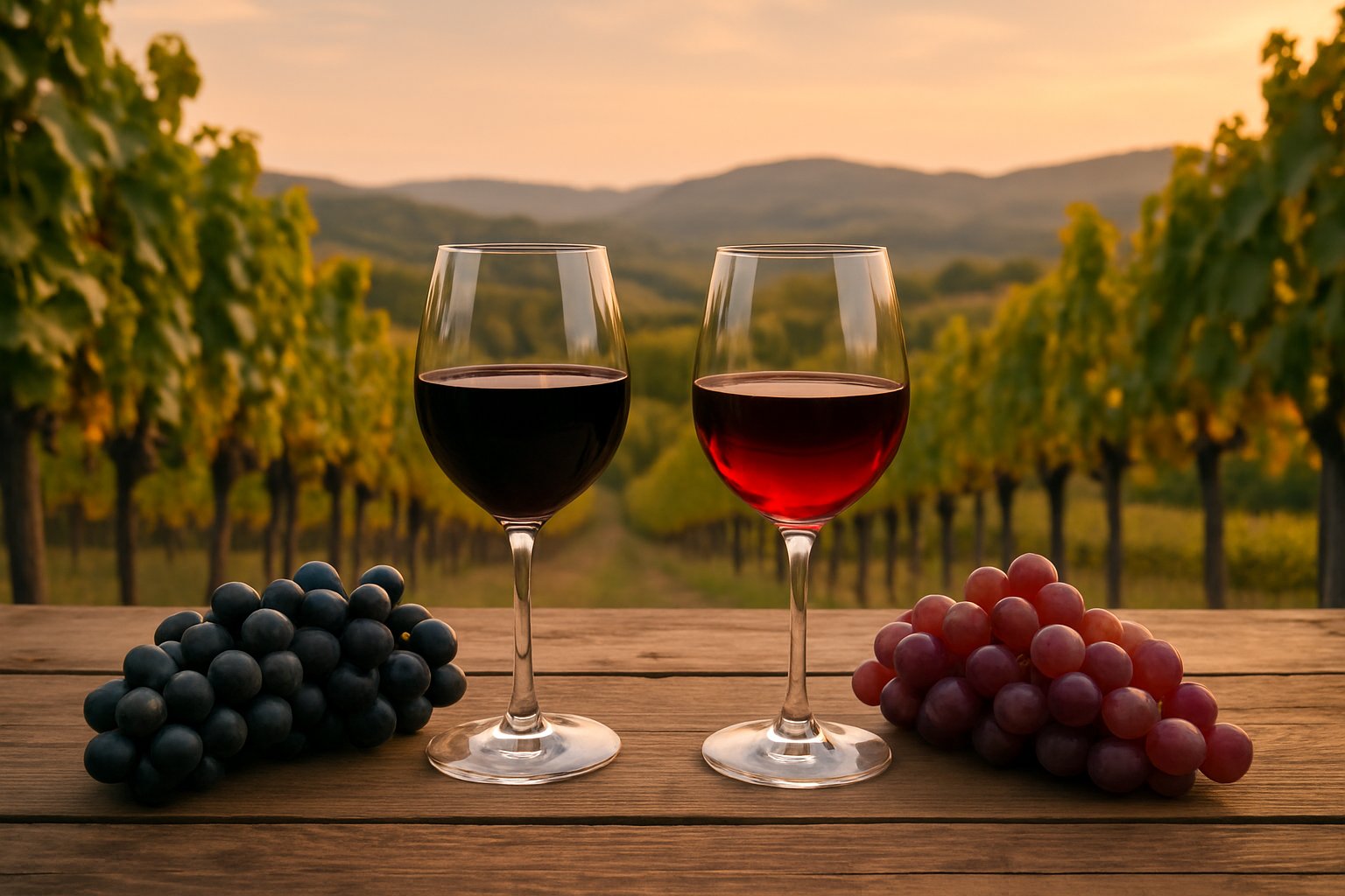 Two glasses of red wine on a wooden table outdoors with clusters of Cabernet Sauvignon and Merlot grapes, set against rolling vineyard hills at sunset.