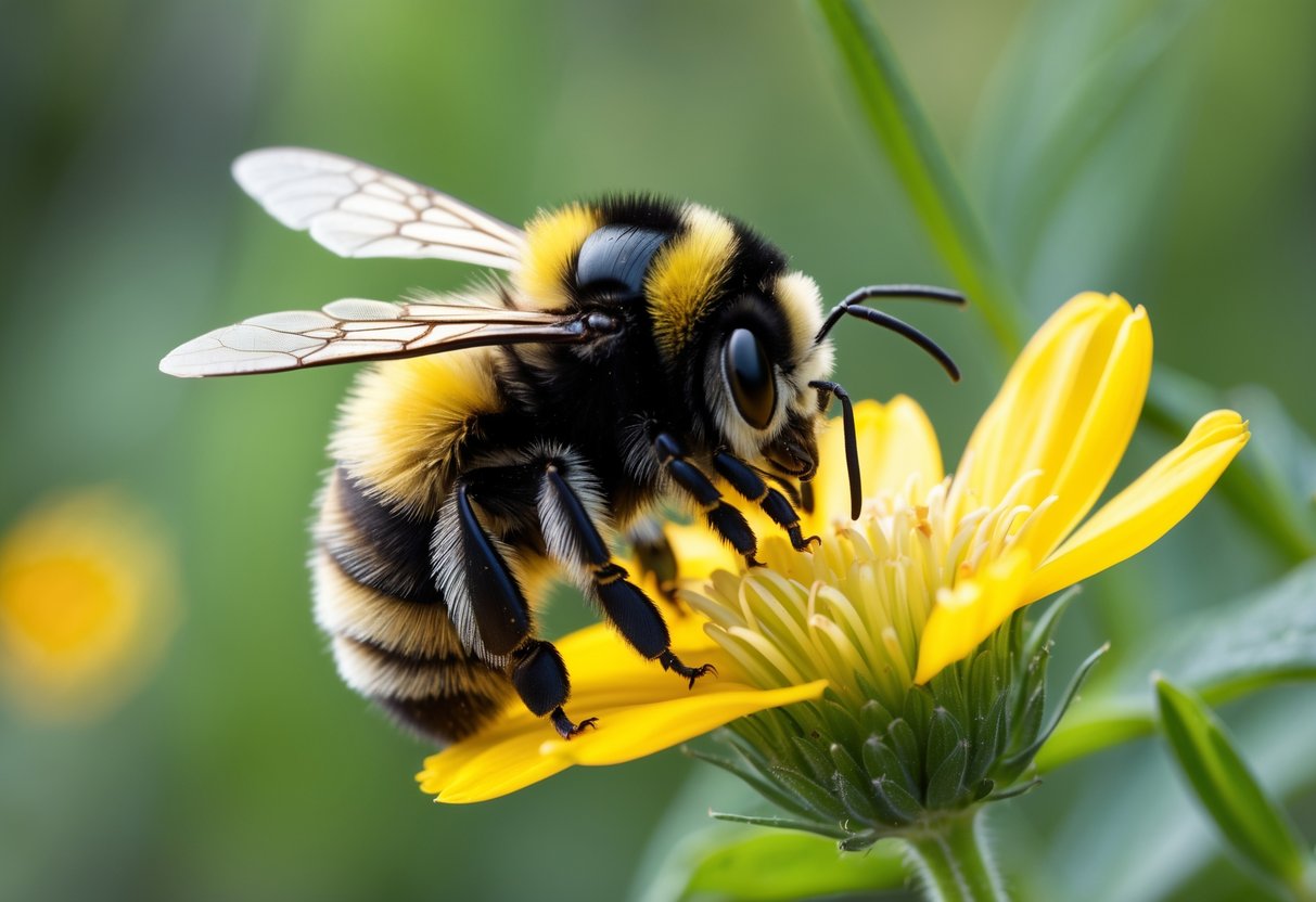 Close-up of a bumblebee on a yellow flower with green foliage in the background.