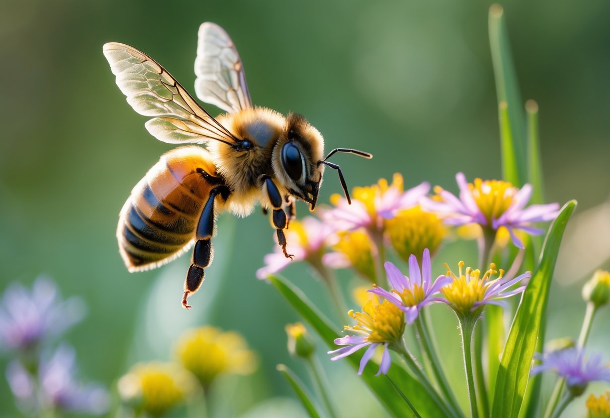 A honeybee flying near colorful wildflowers with green foliage in the background.