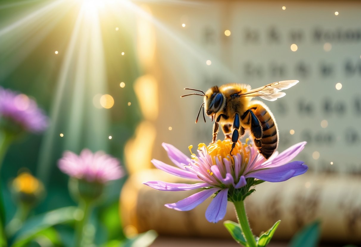 A close-up of a honeybee flying near a blooming flower with soft glowing light and a faint ancient manuscript in the background.